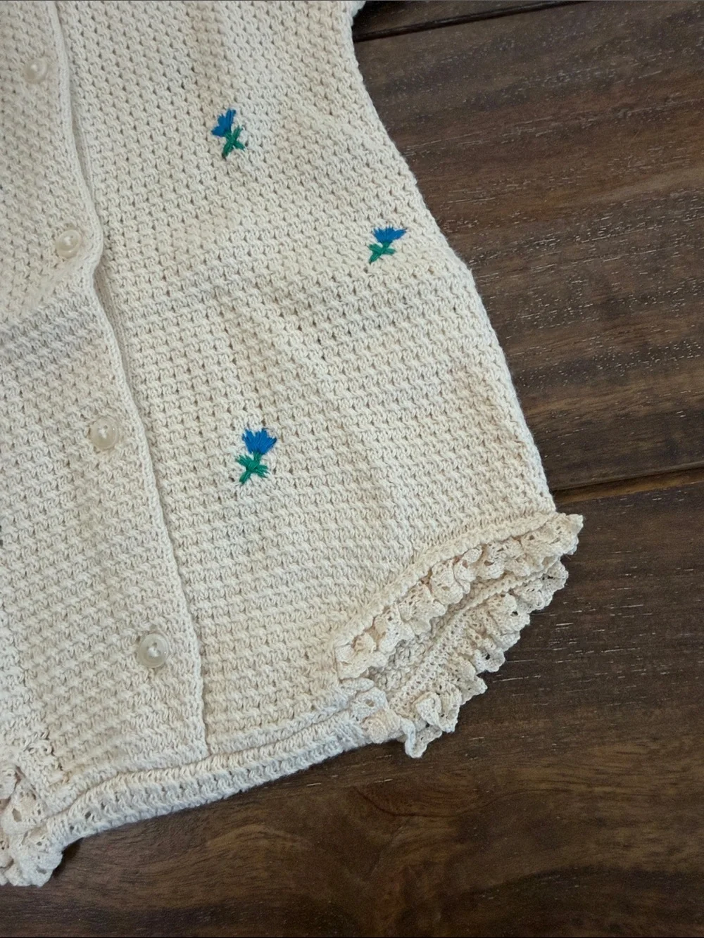 Zara Cream Crochet Knit Romper with Blue Floral Accent